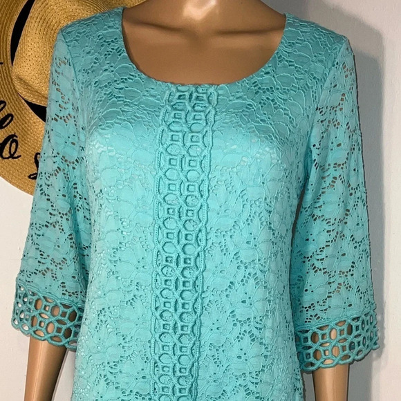 Alfani, PS, eyelet and open crochet, 3/4 sleeves, aqua marine, scoop neck, midi - Picture 5 of 5